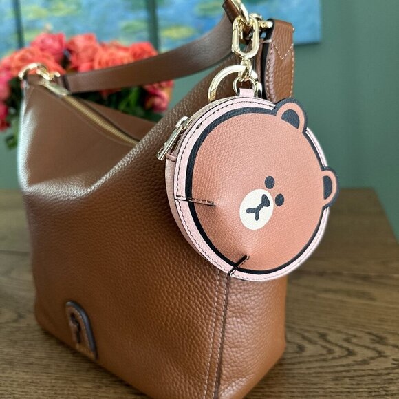 NWT! New Furla x LINE Friends leather Coin Case Charm -BROWN / CONY White Navy - Picture 5 of 13